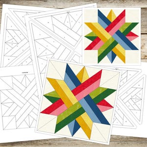 May include: A collection of printed quilt patterns and colorful star quilt blocks. The star blocks feature intersecting stripes in red, yellow, blue, green, and pink. The patterns are printed on white paper with black line drawings.