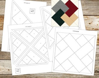 May include: A collection of paper sheets featuring FPP templates and a coloring page with geometric line designs. One sheet includes a small square graphic showing a four-patch block in gray, dark red, dark green, and beige. Each page has 1 inch test blocks.