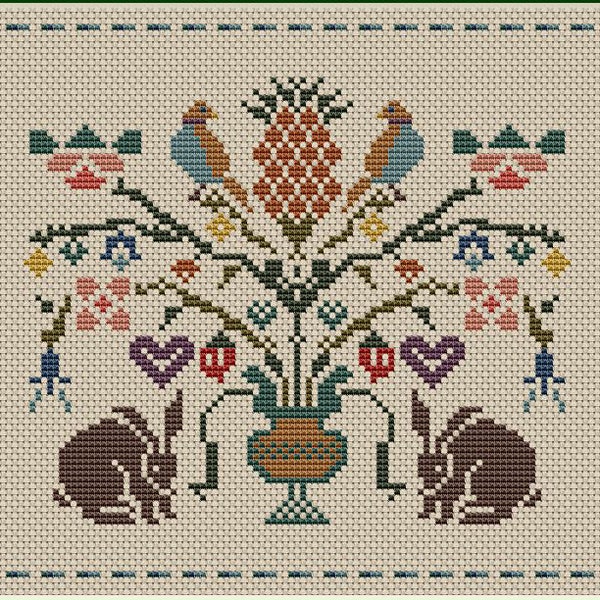 Primitive cross stitch pattern PDF, Cross Stitch Pattern Sampler, Sampler Flowers Birds, Instant Download, nursery decoration,rabbit