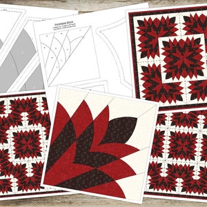May include: A collection of quilt patterns and templates. The patterns feature a repeating floral design in red and dark brown on a cream background. Some templates are grayscale, showing the shapes for cutting fabric.