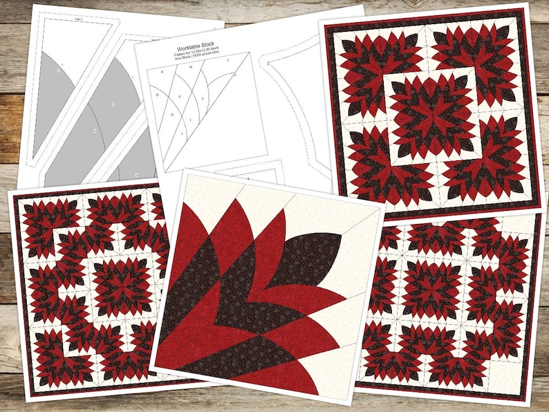 May include: A collection of quilt patterns and templates. The patterns feature a repeating floral design in red and dark brown on a cream background. Some templates are grayscale, showing the shapes for cutting fabric.