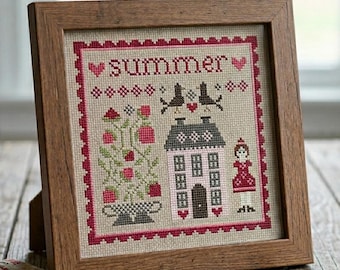 Summer Cross Stitch Pattern PDF | Primitive House Sampler | Quaker Style Embroidery Chart | Institutional Girl and Birds