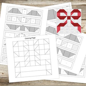 May include: A printable coloring page for a quilt block pattern. The pattern is a red and white bow with a gray background. The page includes instructions for cutting and sewing the fabric pieces.