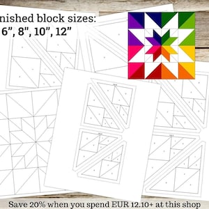 May include: White paper templates for quilt blocks with the text "4 finished block sizes: 6", 8", 10", 12"" and a colourful star quilt block. The templates are on a wooden surface.