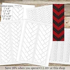 Peut inclure: Plusieurs pages à colorier avec un motif en chevrons, avec cinq tailles finies: 2,5 cm x 20 cm, 3,8 cm x 23 cm, 5 cm x 20 cm, 6,4 cm x 25 cm et 7,6 cm x 25 cm. Un motif chevron rouge et noir est également présenté. Le texte "Coloring Page" est visible.