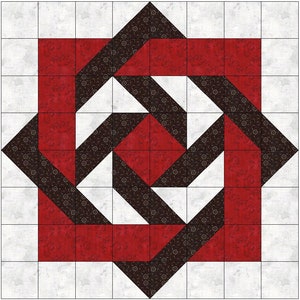 以下が含まれることがあります： 黒、白、赤の布を使った幾何学模様のキルトブロック。ブロックは正方形と三角形で構成されており、渦巻くパターンを生み出しています。