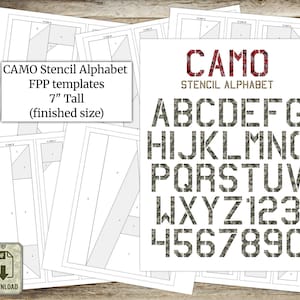 Mallar för Foundation Paper Piecing (FPP), CAMO-stencilmönster med alfabetsmönster, färdig storlek 18 cm hög, digital PDF, direktnedladdning