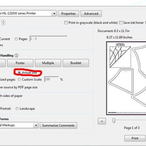 May include: Screenshot of a print dialog box with options for a Brother HL-1210W series printer. The "Actual size" option is selected. The document size is 8.27 x 11.69 inches. A preview of the document is visible.