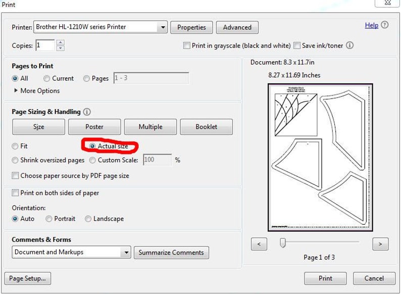 May include: Screenshot of a print dialog box with options for a Brother HL-1210W series printer. The "Actual size" option is selected. The document size is 8.27 x 11.69 inches. A preview of the document is visible.
