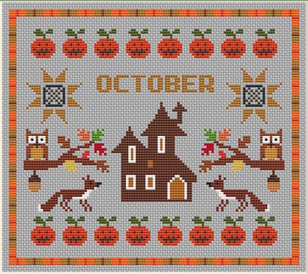 October Continuous Patten October Cross Stitch Pattern, October Monthly Sampler, Calendar Cross ...