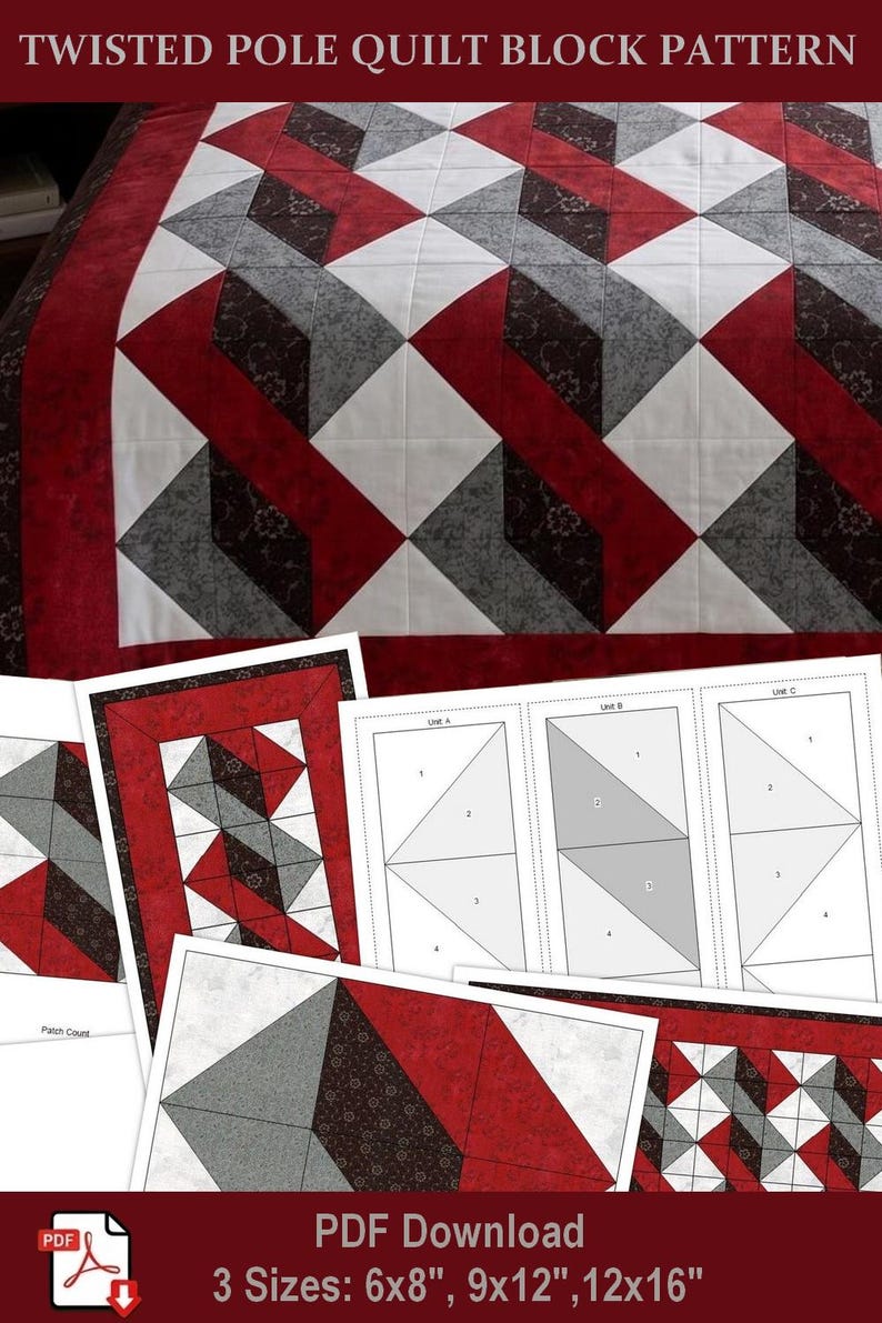 Digital PDF Quilt Block Pattern|Twisted Pole Quilt Block Pattern|Modern Patchwork|Instant Download image 5