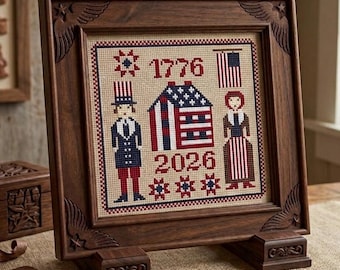 4th of July Cross Stitch Pattern PDF, Patriotic American Sampler, 1776 2026 USA Semiquincentennial, Primitive Uncle Sam Liberty