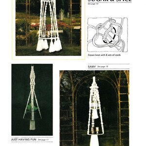 May include: Three macrame plant hangers, each with a different design. The first is a large, elaborate design with a crown knot and tassels. The second is a simple, single-strand design. The third is a more complex design with a crown knot and a shelf. All three hangers are made with white cord and are hanging in a garden setting.
