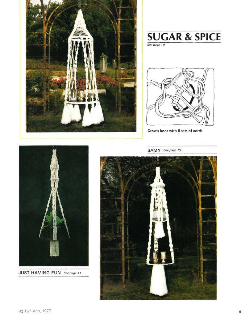 May include: Three macrame plant hangers, each with a different design. The first is a large, elaborate design with a crown knot and tassels. The second is a simple, single-strand design. The third is a more complex design with a crown knot and a shelf. All three hangers are made with white cord and are hanging in a garden setting.