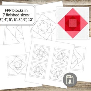 Könnte beinhalten: Eine Sammlung von FPP-Quiltblock-Mustern auf weißem Papier mit nummerierten geometrischen Diagrammen und einem fertigen quadratischen Design in Rot- und Rosatönen. Der Text lautet: FPP blocks in 7 finished sizes: 3", 4", 5", 6", 8", 9", 10".