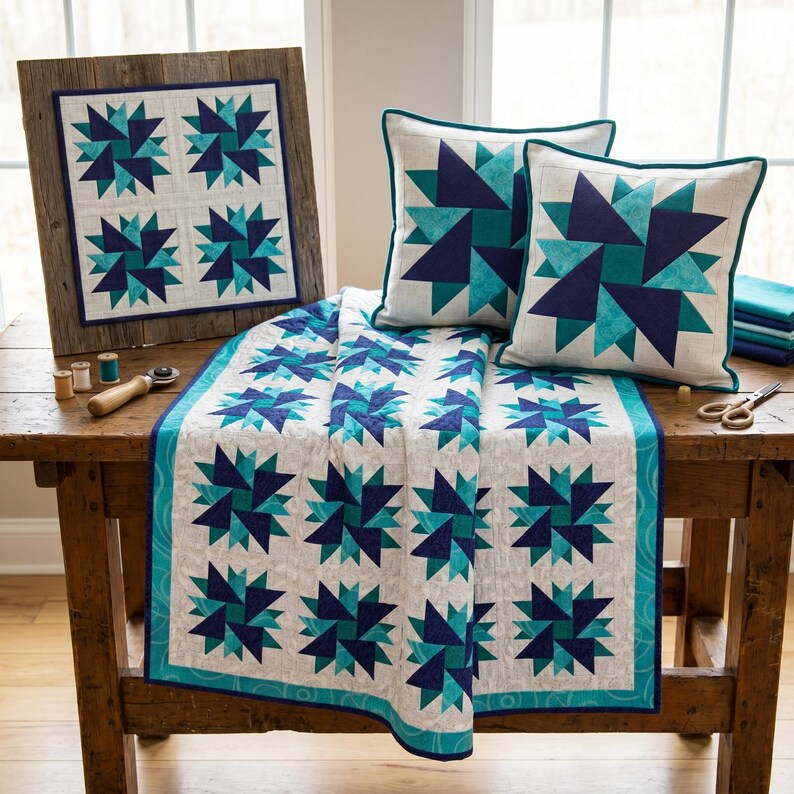 May include: A rustic wooden table displays a collection of home decor items. A framed quilt, two throw pillows, and a table runner feature a geometric starburst pattern in shades of blue and teal on a white background. Sewing notions are also visible.