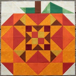 May include: A square quilt block featuring a geometric apple design constructed from fabric pieces in shades of red, orange, yellow, brown, and green. The center contains a star pattern, topped with a brown stem and two green leaves.
