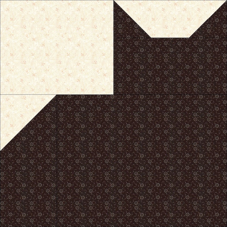 May include: A square quilt block pattern featuring a combination of dark brown fabric with a small white floral print and a light cream fabric with a subtle tan pattern. The design includes geometric shapes with triangular and rectangular sections.