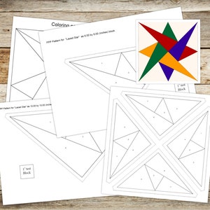 Könnte beinhalten: Ein druckbares Muster für einen "Laced Star" Quiltblock. Das Muster wird in zwei Größen gezeigt, 8 Zoll mal 8 Zoll und 10 Zoll mal 10 Zoll. Das Muster ist mit "FPP Pattern for "Laced Star" beschriftet und enthält einen Testblock.