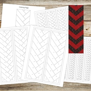 Könnte beinhalten: Schwarzer und roter Chevron-Stoff Lesezeichen mit einem schwarz-weißen Chevron-Muster. Das Lesezeichen ist mit einem Muster für Quilten oder Nähen nummeriert.