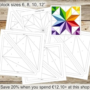 May include: A collection of paper quilt block patterns in various sizes, including 6, 8, 10, and 12 inches. One pattern is colored with a rainbow star design. The text "Coloring Page" is visible. The text "Save 20% when you spend €12.10+ at this shop" is also visible.