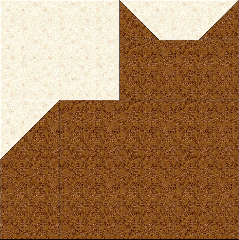 May include: A square quilt block pattern featuring a combination of cream fabric with a subtle leaf print and dark brown fabric with a detailed floral vine pattern. The design includes geometric shapes arranged in a block layout.