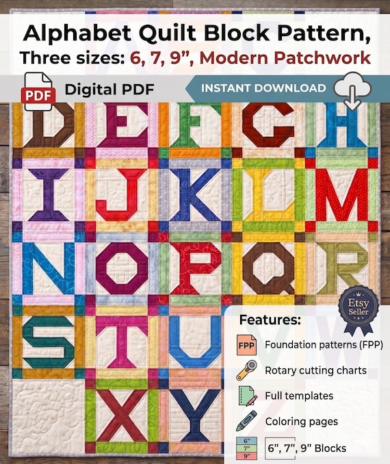 アルファベットキルトブロックパターンPDF、文字A～Z、3サイズ：6、7