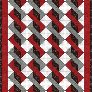 May include: A rectangular quilt featuring a repeating geometric pattern of white, grey, black, and red fabric squares. The design consists of diagonal stripes created by alternating colours, framed by a solid red border with a dark patterned edge.
