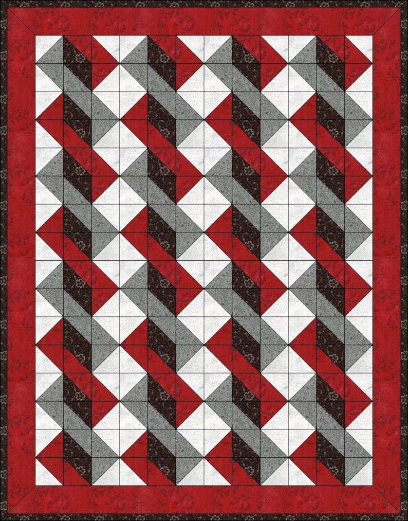 May include: A rectangular quilt featuring a repeating geometric pattern of white, grey, black, and red fabric squares. The design consists of diagonal stripes created by alternating colours, framed by a solid red border with a dark patterned edge.