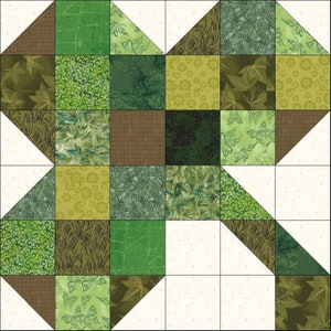 May include: A green and brown patchwork quilt block with a four-pointed star design. The block is made up of various green and brown fabrics with different patterns, including butterflies, leaves, and swirls.