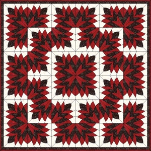 May include: A quilt with a repeating floral pattern in red and black on a white background. The quilt is framed with a red and black border. The floral design is symmetrical and geometric.