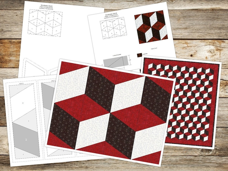 Digital PDF Quilt Block Pattern|Tumbling Blocks Quilt Block Pattern|3D Quilt Design|Modern Patchwork| Instant Download image 3