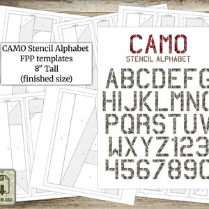 Mallar för Foundation Paper Piecing (FPP), CAMO-stencilmönster för alfabetsquiltblock, färdig storlek 20 cm hög, digital PDF, direktnedladdning