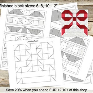 Plantillas de patchwork de papel base (FPP), patrón de bloque de colcha con lazo de cinta, 4 tamaños de bloque terminados: 6, 8 y 10,12 pulgadas, PDF digital, descarga instantánea