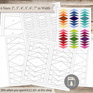 May include: White paper templates for quilting with geometric designs. Includes a color chart with various colored diamond and triangle patterns. Text reads "6 Sizes: 2", 3", 4", 5", 6", 7" in Width". A PDF download icon is visible.