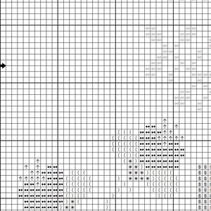 May include: Cross stitch pattern featuring a black and white design of a house with a red roof and the letters "A" and "T" in brown. The pattern includes various symbols such as parentheses, asterisks, and arrows.
