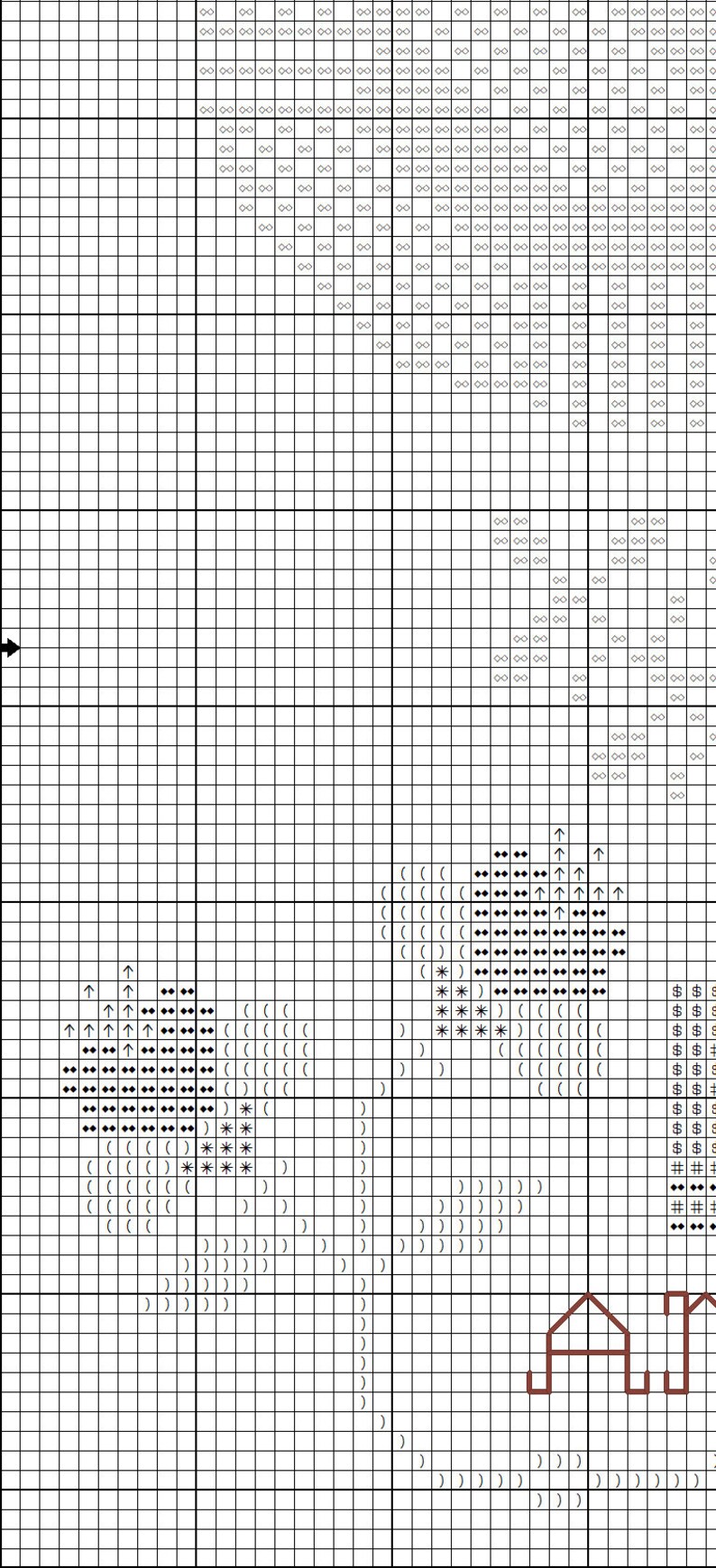 May include: Cross stitch pattern featuring a black and white design of a house with a red roof and the letters "A" and "T" in brown. The pattern includes various symbols such as parentheses, asterisks, and arrows.