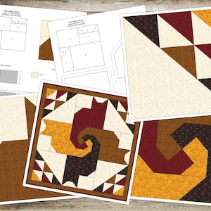 May include: A collection of quilt patterns and diagrams. The patterns feature geometric designs in cream, brown, burgundy, and gold. The diagrams include measurements and cutting guides. The text "Workable Block" is visible on the top of the diagrams.