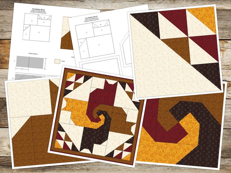 May include: A collection of quilt patterns and diagrams. The patterns feature geometric designs in cream, brown, burgundy, and gold. The diagrams include measurements and cutting guides. The text "Workable Block" is visible on the top of the diagrams.
