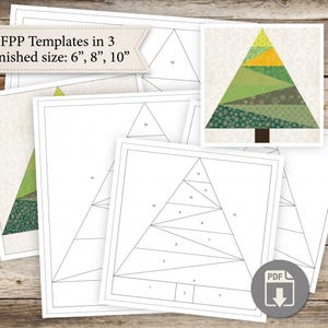 Puede incluir: Plantillas de costura sobre papel para un diseño de árbol de Navidad, con el texto FPP Templates in 3 finished size: 6", 8", 10". El conjunto incluye un ejemplo a color de un árbol terminado y patrones de líneas numerados en blanco y negro.