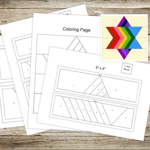 Op de afbeelding: Een printbaar quiltpatroon voor een sterblok van 20 cm bij 20 cm. Het patroon bevat een kleurplaat, een lay-outdiagram en instructies voor het knippen en naaien van de stofdelen. Het afgewerkte blok heeft een kleurrijk sterontwerp.