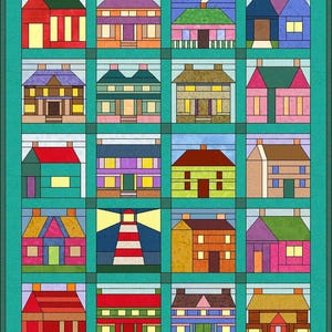 May include: A quilt featuring a grid of twenty individual house blocks separated by teal sashing. Each block displays a unique architectural design with varied colors including red, blue, green, yellow, and brown, all framed by a solid teal border.