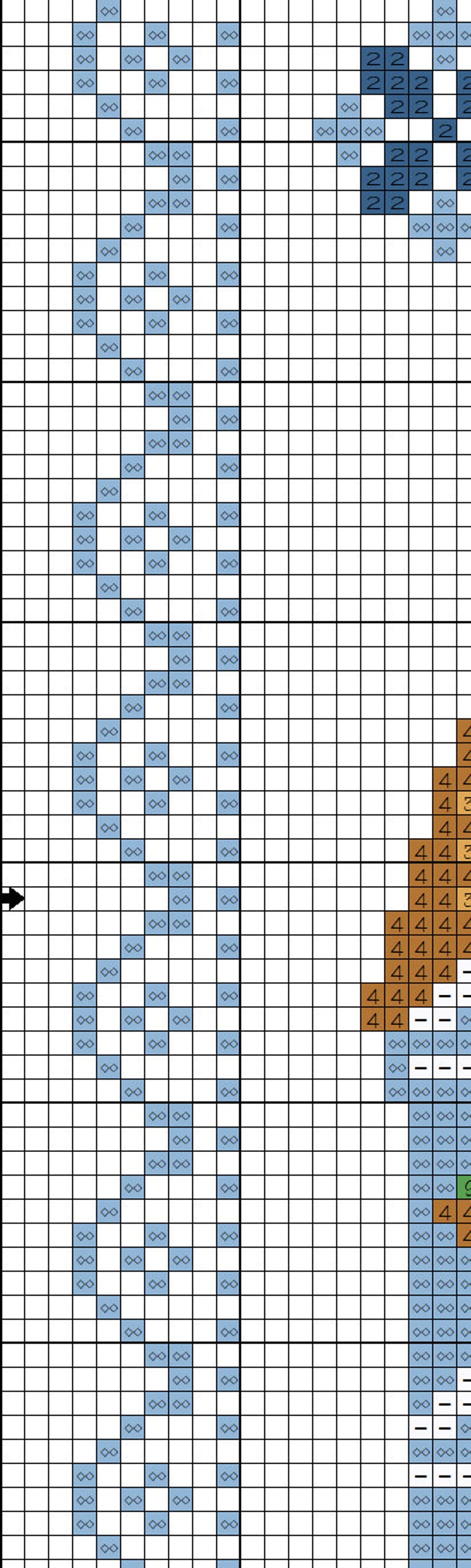 May include: A cross-stitch pattern on a white grid featuring a vertical border of light blue diamond shapes and a partial motif on the right side with dark blue squares, brown blocks, and light blue segments marked with dashes and numbers.