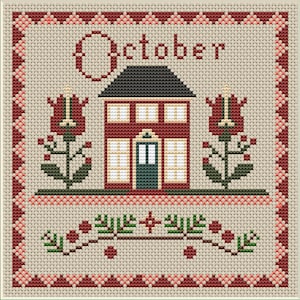 Oktober Cross Stitch Patroon, Oktober Maandelijkse Sampler, Kalender kruissteek, PDF cadeau, gemakkelijk, House Sampler Primitief kruissteekpatroon
