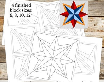 May include: A paper quilt pattern featuring a star design with black outlines on white sheets. The text reads 4 finished block sizes: 6, 8, 10, 12 inches. A small square shows the star in red, dark blue, light blue, and orange colours.