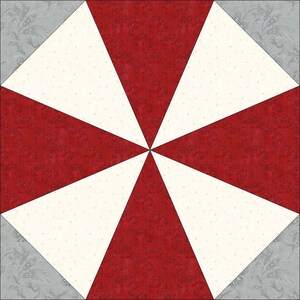 May include: A red and white quilt block with a geometric design. The block is made up of eight triangles, four red and four white. The triangles are arranged in a starburst pattern.