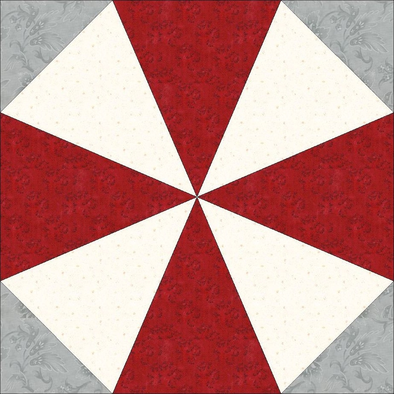 May include: A red and white quilt block with a geometric design. The block is made up of eight triangles, four red and four white. The triangles are arranged in a starburst pattern.