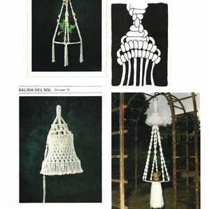 May include: A magazine page featuring four macrame plant hangers. The first hanger is a triangular shape with a green plant inside. The second hanger is a bell shape. The third hanger is a round shape with a white fuzzy top. The fourth hanger is a long, thin shape with a white fuzzy top. The page also includes the titles "Salida Del Sol", "Sand & Sea", and "Turkish Delight" with page numbers.