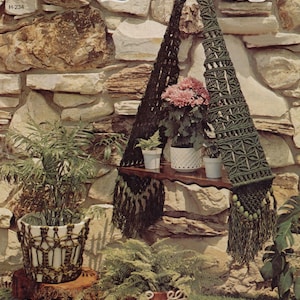 Puede incluir: Imagen de un colgador de plantas de macramé con un estante, que sostiene plantas en macetas contra una pared de piedra. El macramé es de color verde oscuro con flecos y sostiene una planta con flores rosas. También se ven otras plantas en macetas de macramé. El texto "MACRAME Magic" está en la parte superior.