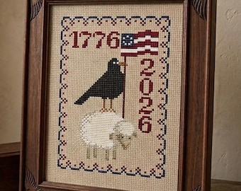 The Seal of Fortune 1776-2026 primitief kruissteekpatroon, Amerikaanse volkskunst sampler, patriottische schapen en raaf, primitief borduurwerk pdf